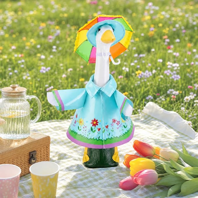 DECOHS 3 Pcs/Set Raincoat Porch Goose Outfits, Summer Lawn Goose Statue Costume with Rainbow Umbrella and Hat, Yard Geese Clothes for 23" Statue Patio Garden Decoration (Lake Blue)
