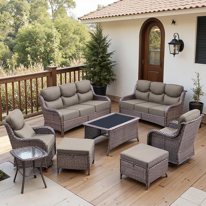 Belord Luxury 6" Thick Cushioned 8 Pieces Patio Furniture Set with Outdoor Couch, Wicker Outdoor Conversation Set with High Back Swivel Rocker Chairs for Deck Porch Yard and Poolside - Brown+Grey