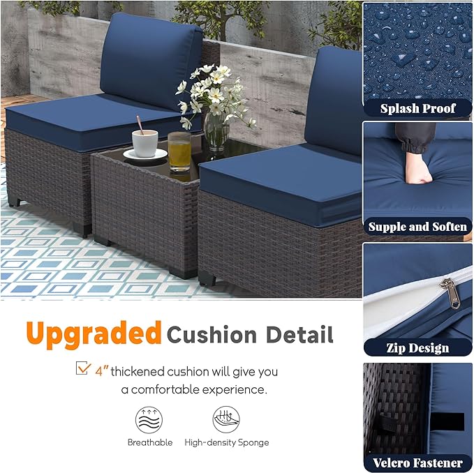 Patio Furniture Set 6 Pieces Outdoor Sectional Sofa Set,PE Rattan Wicker Patio Conversation Set with Thickened Cushions and Glass Coffee Table,NavyBlue
