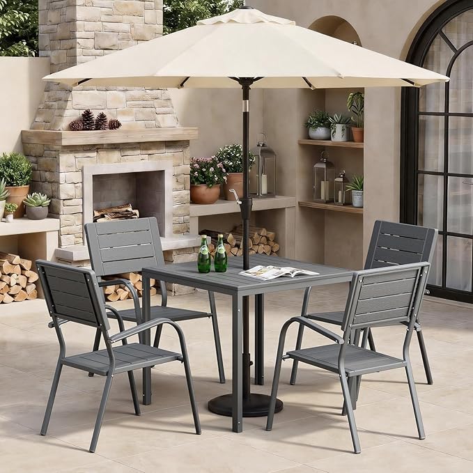 VINGLI Outdoor Patio Dining Set,5 Piece Square Table Patio Furniture Set,HDPE All-Weather Material Outdoor Dining Table and Chair for Garden, Backyard, Grey