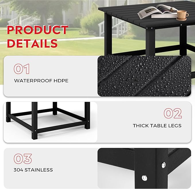 Costaelm Patio Conversation Set, Patio Chairs Set of 5 Balcony Firepit Furniture Outdoor Adirondack Square Table and Chair Backyard Furniture Set for Lawn Porch Pool Garden, Black