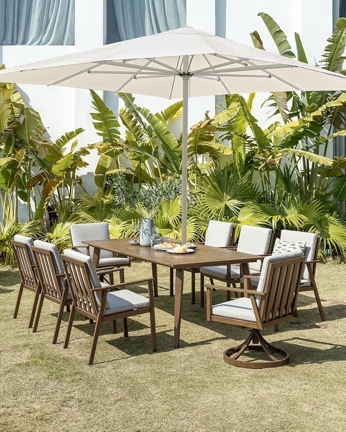 9 Pieces Patio Dining Set for 8, Never-Rust All-Aluminum Outdoor Dining Set with Removable Cushions, Patio Furniture Set with 2 Swivel Chairs, Patio Table and Chairs Set for Deck Yard, Teak