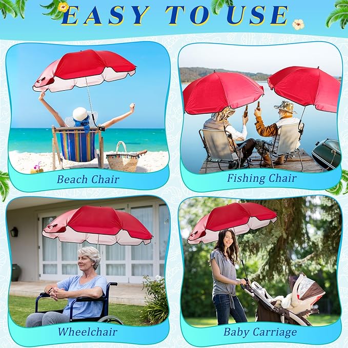 Buryeah 2 Pcs Beach Chair Umbrella Automatic with Universal Adjustable Clamp 44" UPF 50+ Portable Clamp on Beach Chair for Wheelchair Patio Golf Carts Camping