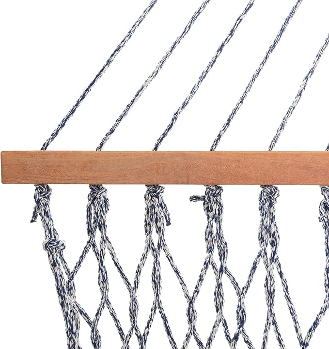 Nags Head Hammocks Single Navy/Oatmeal Heirloom Tweed DuraCord Rope Hammock – 12 ft. x 50 in., 450 lb Capacity, Cumaru Spreader Bar, Galvanized Hardware, Handcrafted in USA, Free Chains & Tree Hooks