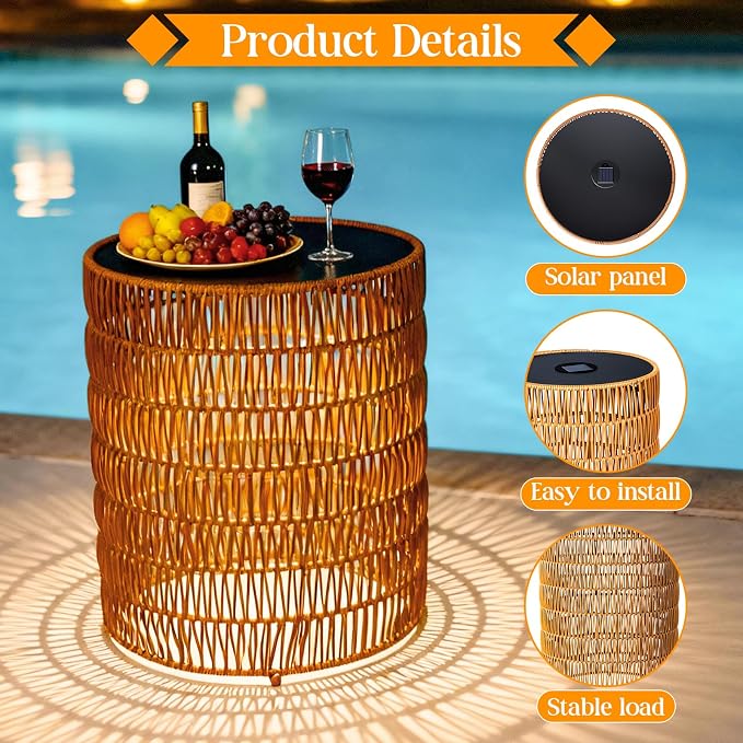 3 Pack Solar Outdoor Side Table with Integrated Glow Lights Set, Poolside Side End Table Waterproof Rattan Nesting Accent Table for Patio, Poolside, Backyard, Porch, Garden, Balcony Indoor Outdoor Use