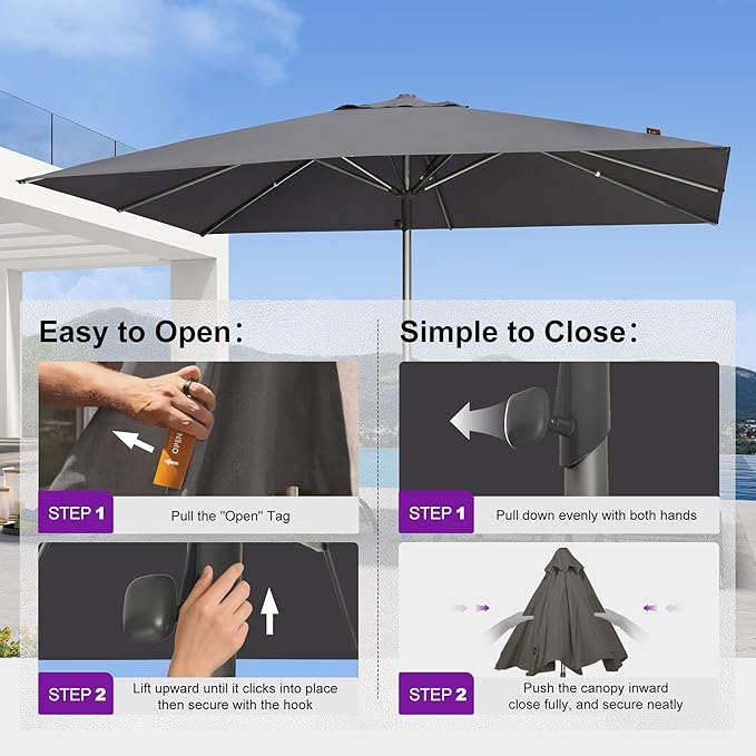 PURPLE LEAF Commercial Grade 10 x 13 FT Heavy Duty Rectangle Market Umbrella Semi Auto Open All Weather Wind Resistant Reinforced Aluminum Frame Outdoor Patio Umbrella for Restaurant Hotel Resort Cafe Poolside Business Use Grey
