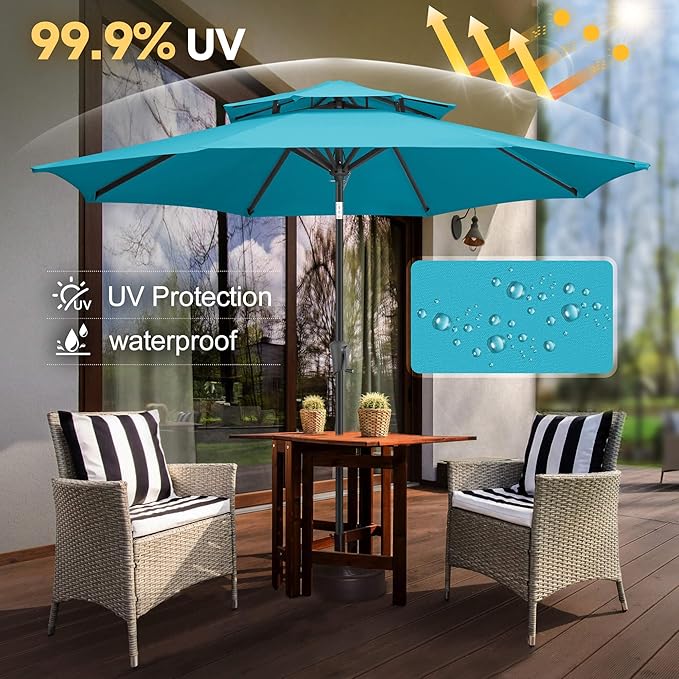 FLAME&SHADE 9ft Patio Umbrella - 2 Tiers Outdoor Umbrella with Push Button Tilt and Crank for UV Protection, Table Market Umbrella for Garden, Deck, Backyard, Pool and Beach(Aqua Blue)