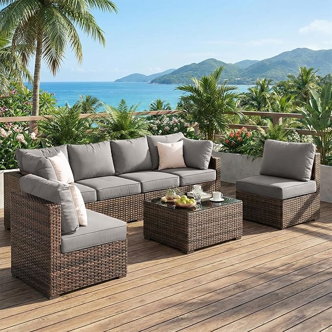 Grezone Patio Furniture Set 7 Piece Outdoor Wicker Sectional Sofa - All Weather High Backrest PE Rattan Couch Conversation Set with Cushion & Glass Top Table for Backyard Deck Porch, (Grey)