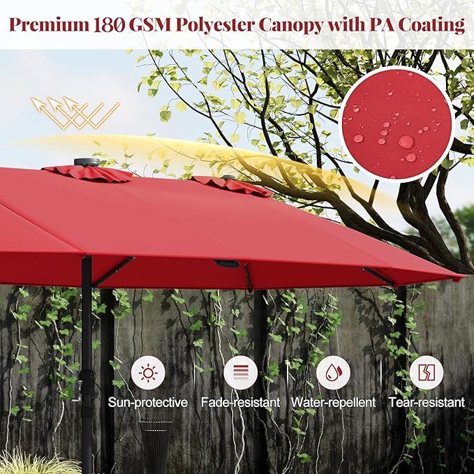 Tangkula 15FT Double-Sided Solar Patio Umbrella, Extra-Large Outdoor Twin Umbrella with 48 LED Lights, Vented Top, Crank Handle, 12 Ribs, Weighted Base Included for Backyard Poolside Deck (Wine)