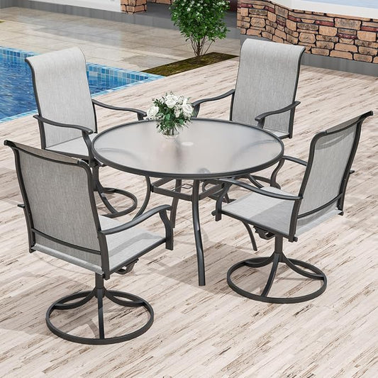 Anmutig 5 Piece Outdoor Patio Dining Set with 4 Swivel Dining Chairs & 1 Round Glass Dining Table, All Weather Dining Furniture Set for Lawn Garden Grey