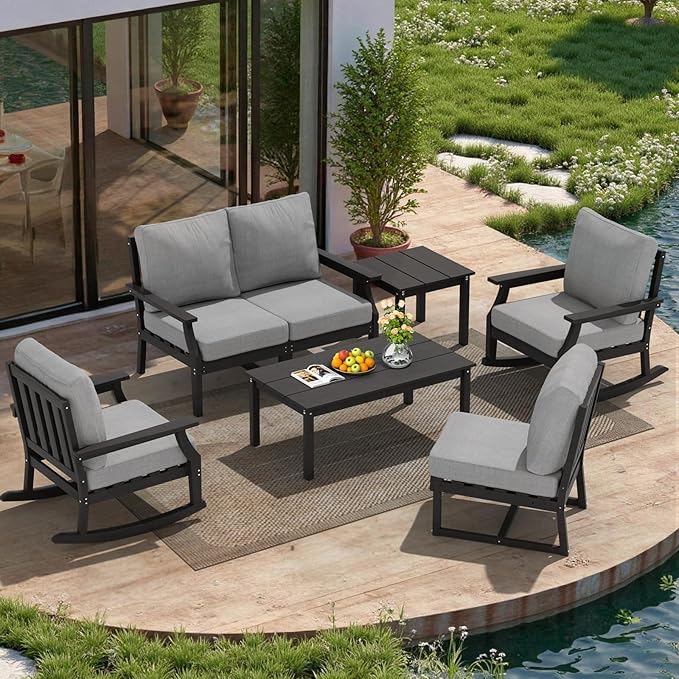 HDPE Patio Conversation Set, 7-Piece All Weather Outdoor Furniture Set with 2 Single Rocking Armchairs for Deck, Lawn, with Cushion, Black