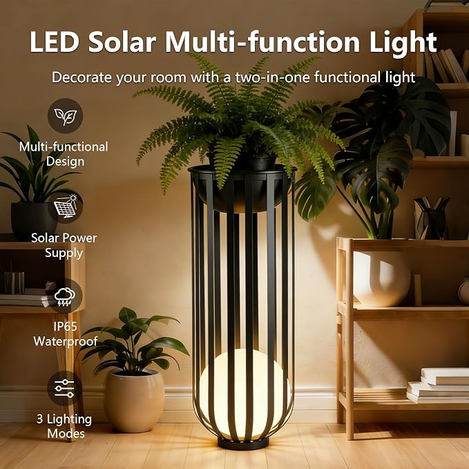 Outdoor Solar Plant Stand Table,Built-in LED Glowing Sphere, Remote Control & Detachable Solar Panel, Rustproof Weatherproof Metal Furniture for Garden Landscape