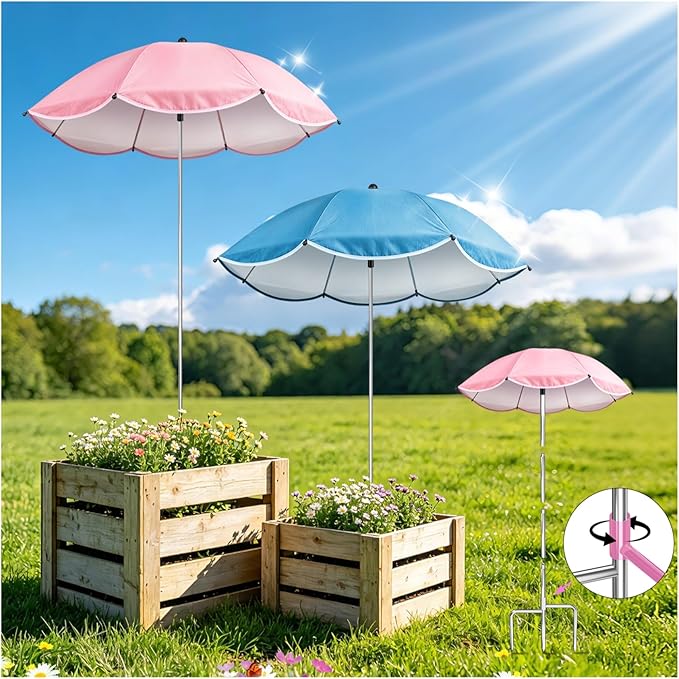 2Pack Plant Umbrellas for Outdoor Plants, Upgraded 360° Rotating 3-Prong Ground Stake for Stronger Grip, Stable Garden Shade Umbrella for Flowers, Vegetables, Fruit Trees, Raised Beds & Planters