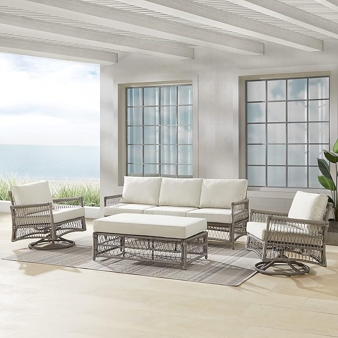 Crosley Furniture Thatcher 4-Piece Outdoor Sofa and Table Patio Furniture Set, Wicker Conversation Sets for Porch, Driftwood with Creme Cushions