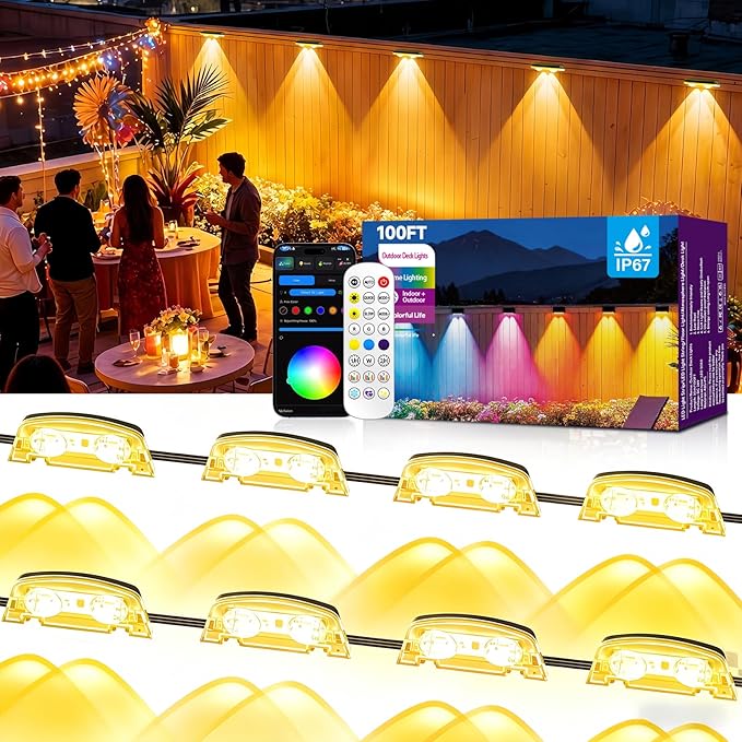 AHAWILL Outdoor Fence Lights,7 Fixed Colors & Color Changing Modes,IP67 Smart Fence Lighting with Remote Control,App Control,LED Light for Outdoor Decor,Wired 16 Packs (100ft)