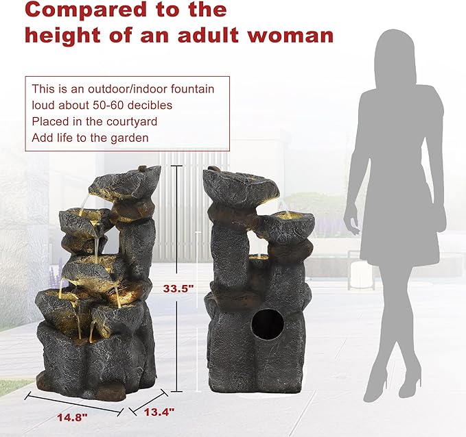 Outdoor Water Fountain - 6 Tier Floor-Standing Cascading Garden Fountain, 35" H Indoor/Outdoor Stone Water Fountains with 6 LED Lights for Garden, Patio, Backyard and Home