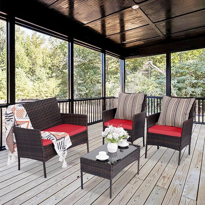 Patio Furniture Set 4 Pieces, Outdoor Rattan Furniture with Tempered Glass Coffee Table, Modern Rattan Patio Chairs Conversation Sets with Sofa for Garden, Terrace, Porch, Lawns Brown/Red