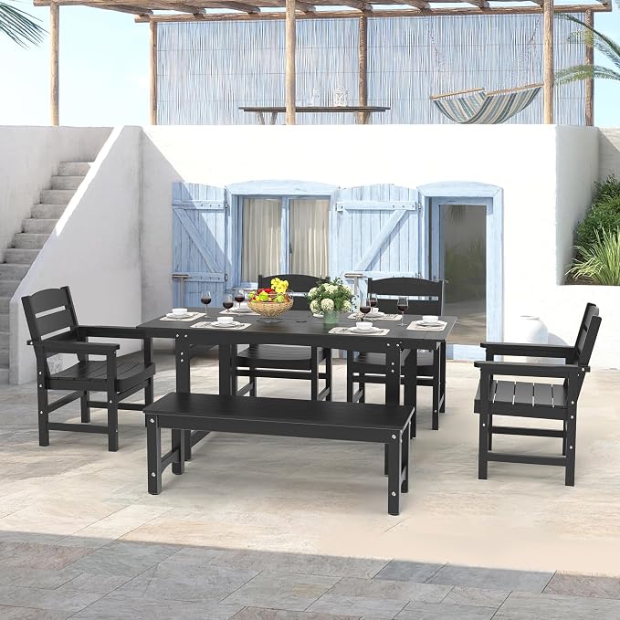 67" Outdoor Dining Table with Umbrella Hole, HIPS All-Weather Rectangular Patio Table for Outdoor/Indoor Use, Black