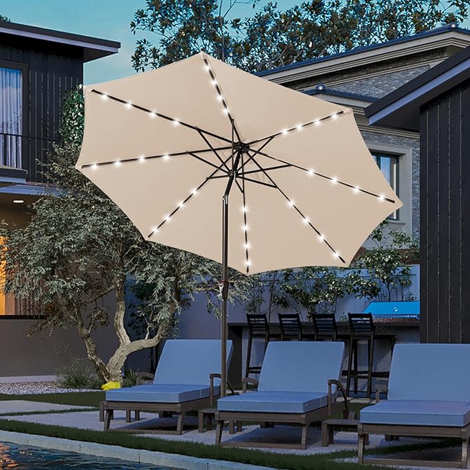 JEAREY 9ft Solar LED Lighted Patio Umbrella, Table Market Umbrella with 8 Ribs/Tilt Adjustment and Crank UV-Resistant Outdoor Umbrella for Garden, Deck, Backyard, Pool and Beach - Beige