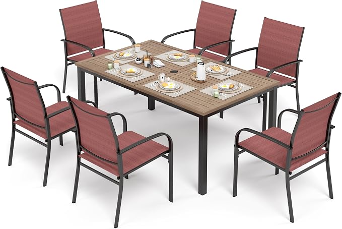 SUNSHINE VALLEY 7 Piece Outdoor Dining Set, Rectangular Wood-Like Table with Umbrella Hole, Patio Dining Set for Outdoor Kitchen Lawn Garden, Backyard, Deck