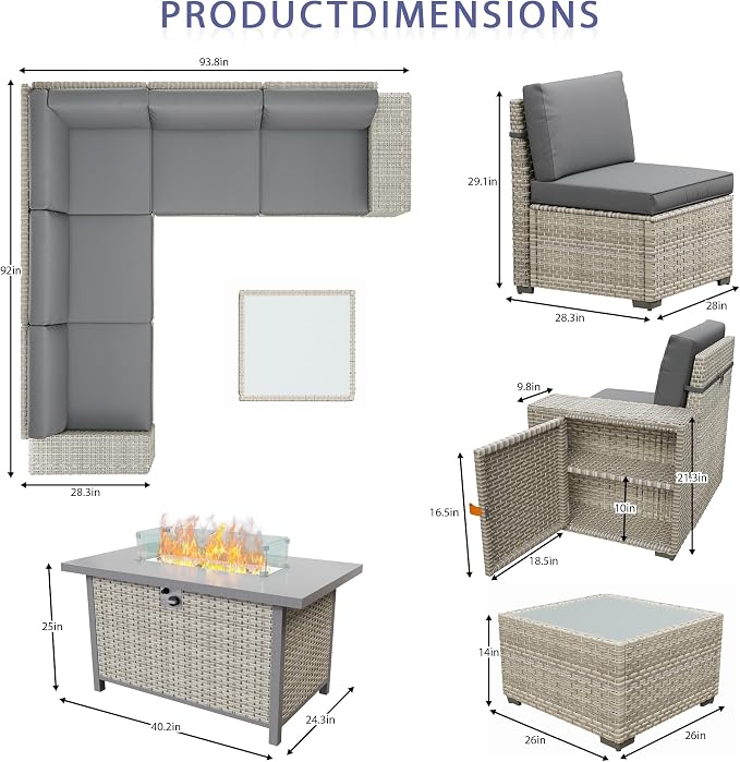 13 Piece Patio Furniture Set with 50,000 BTU Rattan Fire Pit Table that Converts to Coffee Table, 9.8" Wide Arm Sectional Sofa with Storage Armrests, Outdoor Rattan Conversation Set, Grey