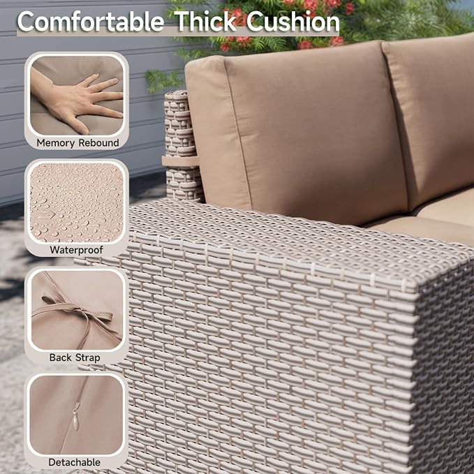 12-Piece Outdoor Patio Furniture Set, Modular Sectional Sofa Set with Glass Coffee Table and Cushions, Wicker Outdoor Couch Conversation Sets, Khaki