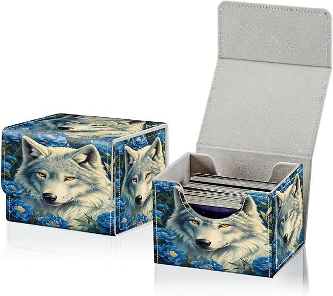 Card Deck Box for MTG, Cards Storage Box Fits 120+ Sleeved, Leather Small Size Strong Magnetic Closing Card Case for Board Games Magic TCG CCG Baseball Collection, Purple Flower Wolf
