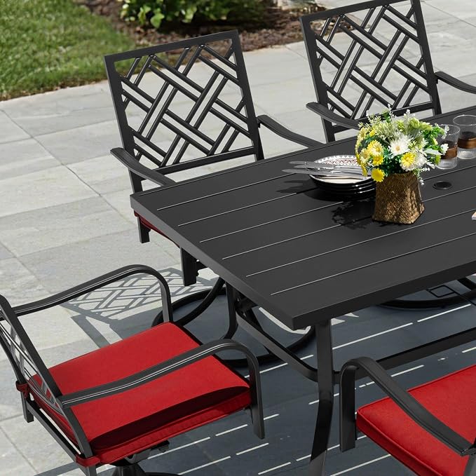 NUU GARDEN 7 Piece Outdoor Patio Dining Set, 61" x 37" Rectangle Table with Umbrella Hole and 6 Swivel Chairs with Red Cushions, for Lawn Balcony Garden, Black and Red