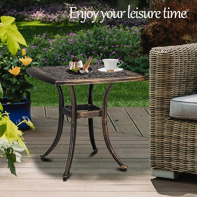 Cast Aluminum Square Patio Table with Umbrella Hole - 21.3 Inch Weather-Resistant Outdoor Bistro Table for Backyard, Poolside, Indoor/Outdoor, Easy Maintenance