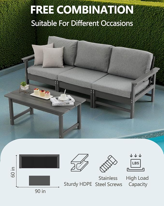 HDPE Outdoor Patio Furniture Set, 4-Piece Sofa Set with 3-Seat Couch & Coffee Table, Weatherproof Conversation Set with Cushions, All-Weather Waterproof, for Garden, Porch & Backyard