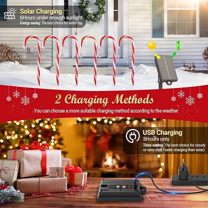 BUCASA 12 Pack Christmas Decorations Outdoor Solar Candy Cane Lights, Solar Christmas Pathway Lights with USB Charge, 10 Modes 72 LEDs Waterproof Outdoor Christmas Decorations for Garden Yard Pathway