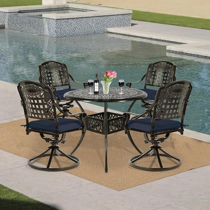 VIVIJASON 5-Piece Outdoor Patio Dining Set, All-Weather Cast Aluminum Conversation Set, Patio Furniture Set, Include 4 Swivel Cushioned Chairs, 1 Round Table w/Umbrella Hole, Navy Blue Cushion