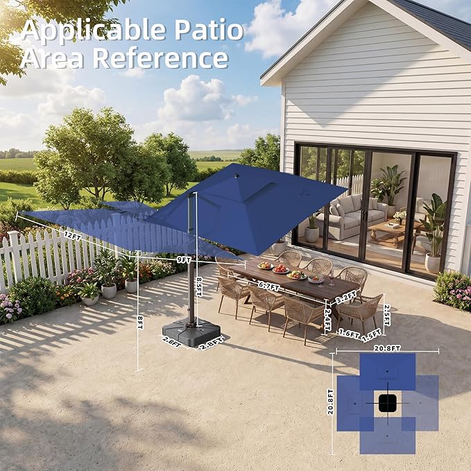 9' X 12' Patio Umbrella with Weighted Base and LED Lights Outdoor Cantilever Large Rectangle Offset Umbrellas Heavy Duty Aluminum Double Top with 360-degree Rotation for Pool Garden Deck, Navy