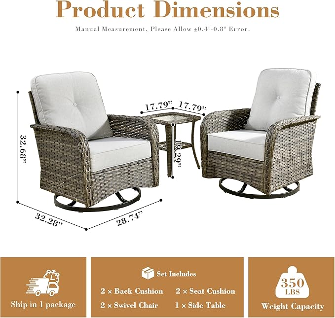 3 Pieces Patio Furniture Set, All-Weather Rattan Wicker Outdoor Furniture with Swivel Rocking Chairs and Side Table, High Back Conversation Set for Porch, Backyard, Balcony,Grey