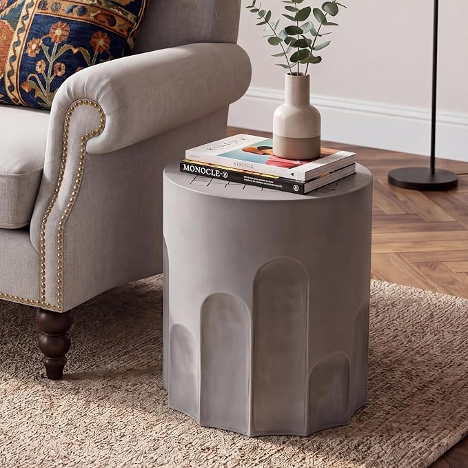 HOMPUS Outdoor Side Table with Checkeboard Grain Tabletop, Round Shaped MgO Lightweight Concrete End Tables, Modern Vintage Patio Accent Table for Indoor Outdoor Use, Grey