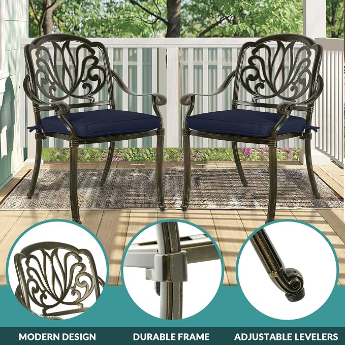 MEETWARM 9-Piece Outdoor Furniture Dining Set for 8, All Weather Cast Aluminum Patio Dining Set- Large 64" Square Table with Umbrella Hole and 8 Cushioned Chairs, Patio Table and Chairs Set, Navy Blue