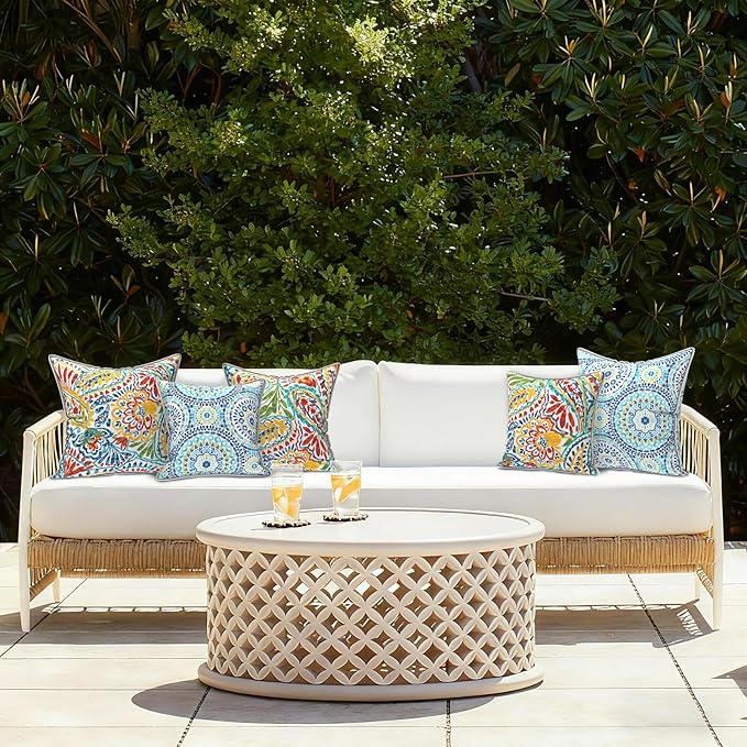 LVTXIII Outdoor Throw Pillows 16"x16" Patio Waterproof Square Pillows with Piping Fade Resistant Accent Pillow for Spring Summer Garden Decoration, Set of 2, Paisley Multi
