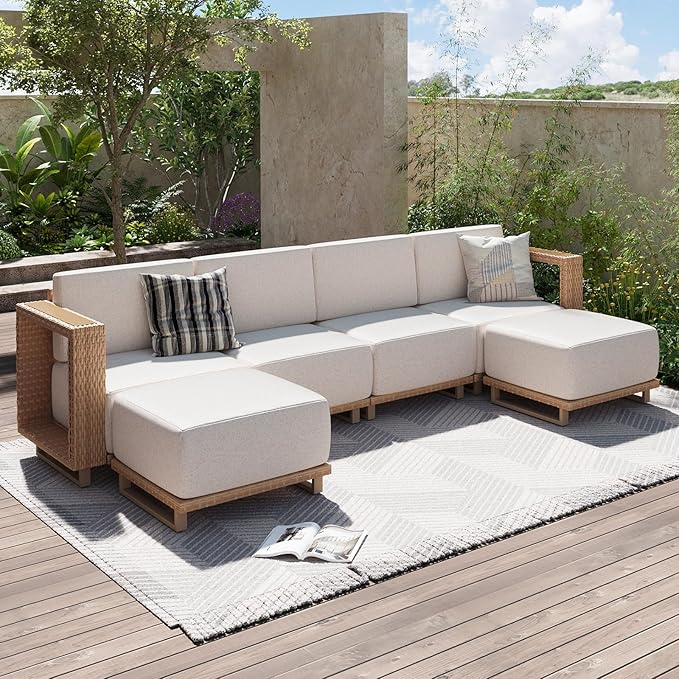 Aoxun Patio Furniture Set, 6 Piece Outdoor Wicker Sectional Sofa, All‑Weather Rattan Modular Sofa with 10'' Ultra‑Thick Cushions, Outdoor Conversation Set for Backyard, Poolside & Garden, Yellow/Beige