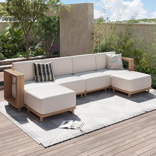 Aoxun Patio Furniture Set, 6 Piece Outdoor Wicker Sectional Sofa, All‑Weather Rattan Modular Sofa with 10'' Ultra‑Thick Cushions, Outdoor Conversation Set for Backyard, Poolside & Garden, Yellow/Beige