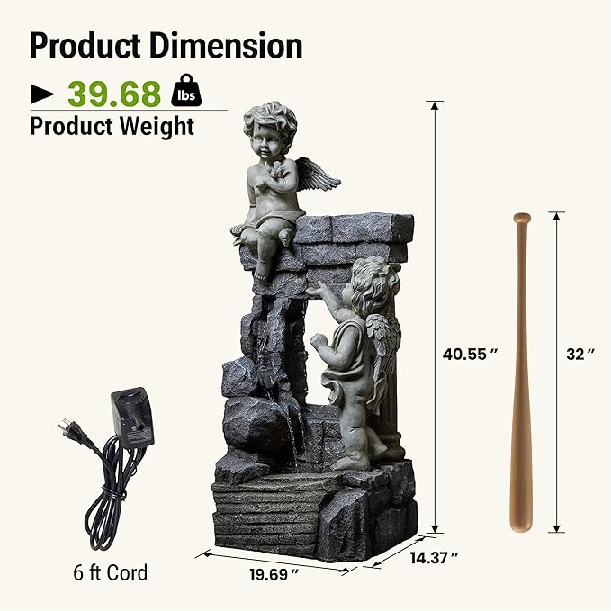 41-Inch Outdoor Water Fountain with Angels Statues, Cascading Stone-Look Resin Waterfall Fountain with 2 Warm LED Lights, Home Art Decor for Garden, Patio, Yard, Balcony, Deck, Lawn in White