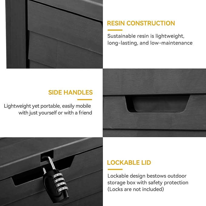 DWVO Louvered Large Deck Box, 35 Gallon Resin Outdoor Storage Box for Patio Furniture, Garden Tools and Pool Supplies, Lockable Lid and Side Handles, Waterproof and UV Resistant, Black