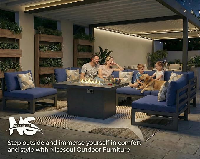 NICESOUL 7 Pcs Large Modern Aluminum Outdoor Patio Furniture Set with Fire Pit Table Propane/Gas, 29" Wide Deep Seat, Fade Resistant Sectional Sofa, 500 lbs Sturdy Backyard Conversation Set, Navy Blue