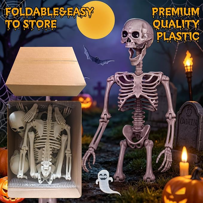 2-Pack 40" Pose-N-Stay Halloween Skeletons, Life-Size Full Body Realistic Posable Skeleton with Movable Joints, Spooky Haunted House Decor for Outdoor Yard, Patio & Front Porch
