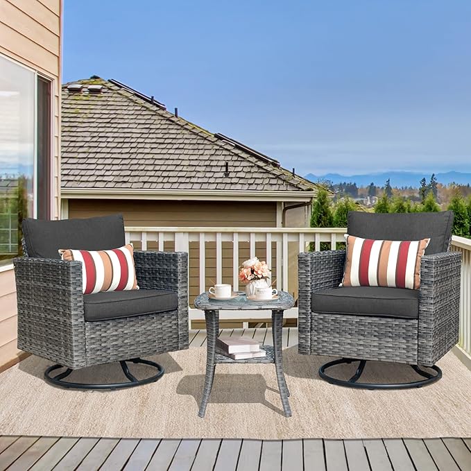 HOOOWOOO Wicker Outdoor Swivel Bistro Set for 2,3 Piece Patio Rocking Chairs and Table,All Weather Resistant Outside Out Door Rattan Rockers Furniture Set,Black