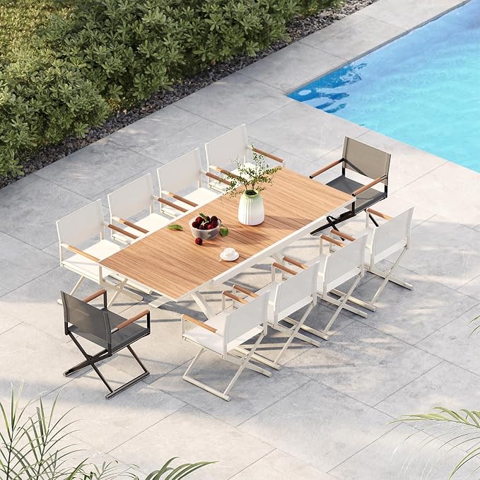 Grand patio 11-Piece Outdoor Dining Set, 10 Extra-Wide Folding Chairs & 1 Rectangle Expandable Table, Sling Mesh Patio Chairs with Wood Grain Table for Yard, Poolside, Deck, 8 Apricot and 2 Gray