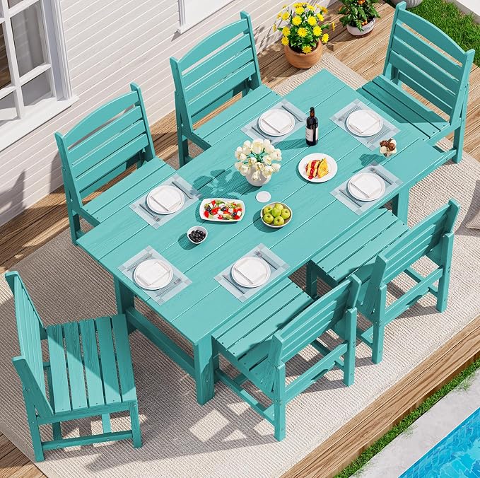 SERWALL 7-Pc HDPE Patio Dining Set, 1 Table & 6 Armless Chairs, Aruba | HDPE Outdoor Dining Set with Rectangular Table & 6 Armless Chairs, All-Weather Resistant SERWALL Dining Set for 6
