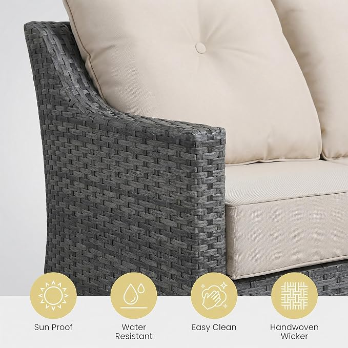 5-Piece Patio Furniture Set, Rattan Wicker Patio Set with Two Outdoor Chairs and Table, Wicker Rattan Outdoor Sofa Set with with Comfy Cushions for for Porch, Garden Poolside Balcon
