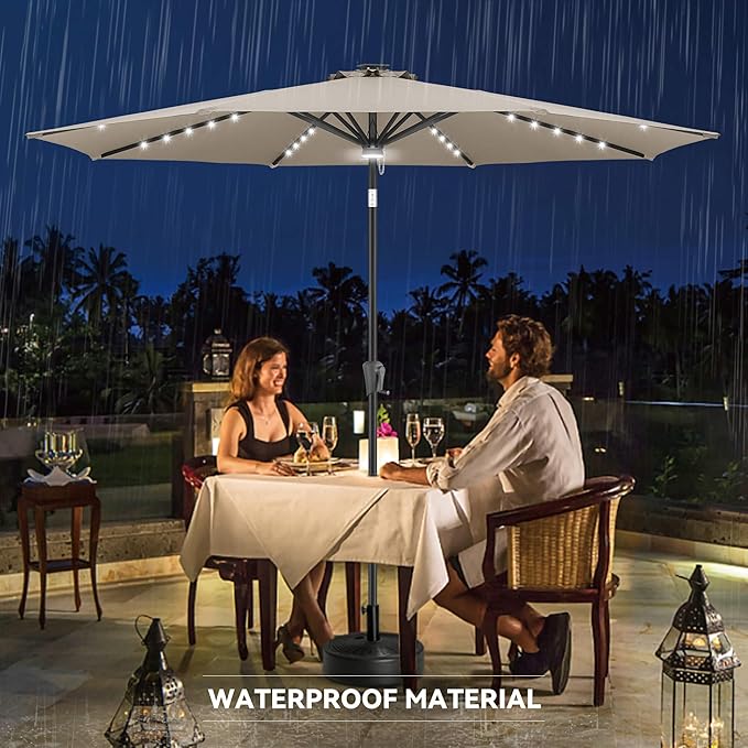 11ft Solar Umbrella Outdoor - Lighted Solar Patio Umbrella with 40 LED Lights Waterproof UV Protection, Table Umbrella with Tilt for Pool, Porch, Garden, Deck, Backyard - Taupe