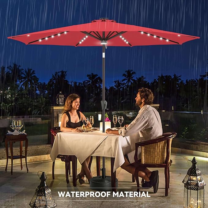 11FT Solar Umbrella Outdoor - Lighted Solar Patio Umbrella with 40 LED Lights Waterproof UV Protection, Table Umbrella with Tilt for Pool, Porch, Garden, Deck, Backyard - Red