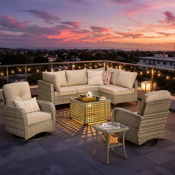 8 Pieces Patio Furniture Set, Outdoor Conversation Set with 360° Swivel Rocker Chairs, Wicker Sectional Sofa & Solar Powered Lighted Table, High Back Outdoor Furniture for Backyard Porch, Beige
